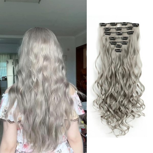 7 PCS Clip in Hair Extensions 22 Inch Long Wavy Hair Wigs Soft Curly Hair Piece for Women Curly Hair Extensions for Daily Party Cosplay Wig (grey)