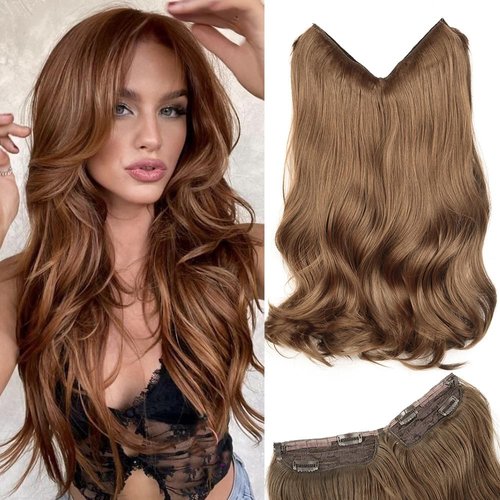 Halo Hair Extensions 20 Inch Medium Brown Invisible Wire Hair Extensions Adjustable Long Wavy Hair Extensions 4 Secure Clips in Hairpieces Natural Looking Fiber Wig for Daily Party Use (Brown)