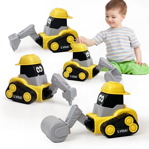 Press and Go Toy Cars for Toddlers 1-3, Construction Toy Truck for Boys, Toy Excavator, Toy Drill Rig, Toy Road Roller, Toy Bulldozer, Christmas Birthday Gift for 18 Months 2 3 4 5 Years Old 4 Pack