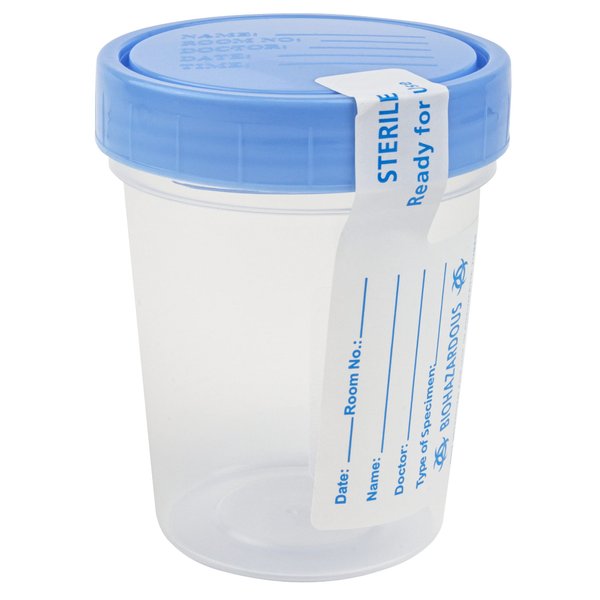 Dynarex Specimen Containers, Sterile & 4 oz., Individually Wrapped Specimen Cups with Lids & ID Label, Used for Drug Testing and Urinalysis, Clear with Blue Lid, 5 Pack of Dynarex Specimen Containers