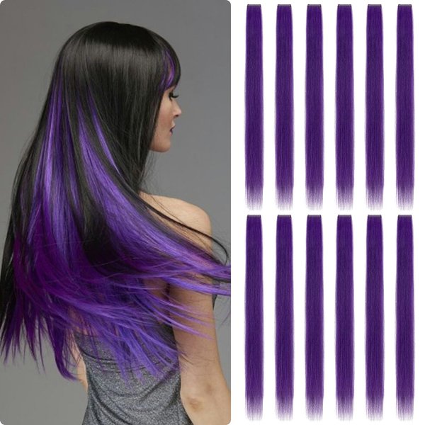 Fanguilar Colored Hair Extensions 12 PCS 24 Inch Purple Clip in Hair Extensions Rainbow One Color Party Highlight Long Straight Synthetic Hairpiece for Women Gifts Halloween Party