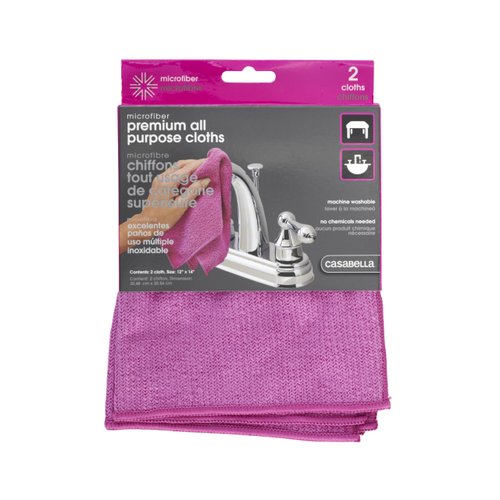 Casabella Microfiber 12" x 14" Cleaning Cloths, (Pack of 2), 1 EA, Magenta All Purpose, 2 Count