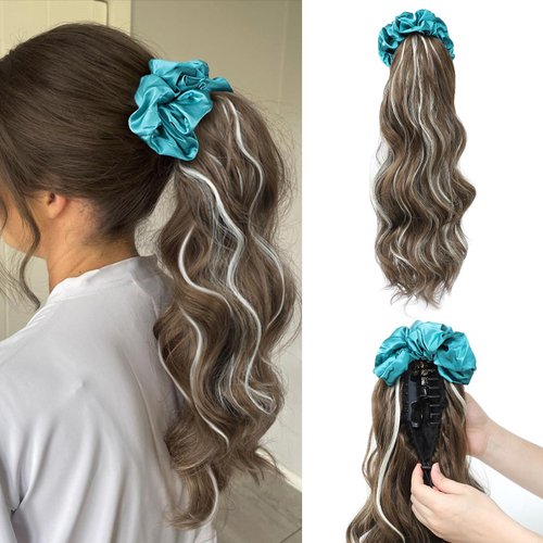 BUPPLER Ponytail Extension with Scrunchies Ponytail Wig Claw Clip in Fake Ponytail Hair Extensions Synthetic High/Low Pony Tail Hair Piece for Women (Green Scrunchie Brown Ash Blonde Wavy)