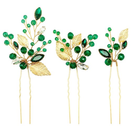 Crystal Wedding Hair Pins Emerald Green Rhinestone Gold Leaf Vine Bridal Hair Piece Accessories for Party Women Girls (Pack of 3) (Emerald Green)