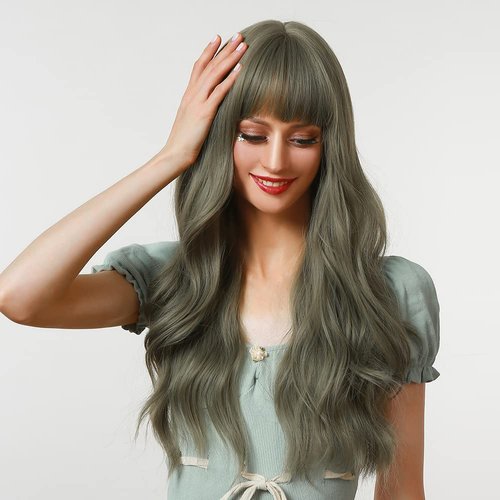 incohair Green Wig with Bangs Long Curly Green Wigs for Women Synthetic Green Wavy Wigs for Daily Party (26inch,Green)