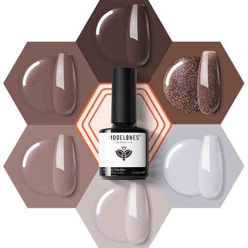 modelones Gel Nail Polish Set- 6 Colors Chocolate Brown Coffee Gel Polish Kit Brown Glitter Nail Polish Gel Nude Brown Colors Gel Nail Kit Soak Off Popular Nail Art Gifts for Women DIY Manicure Home