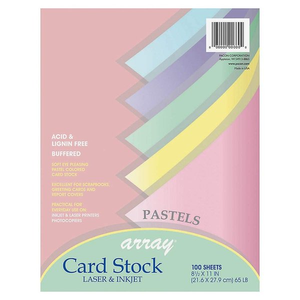 Pacon 101315 Array Card Stock, 65 lb., Letter, Assorted Pastel Colors, 100 Sheets/Pack