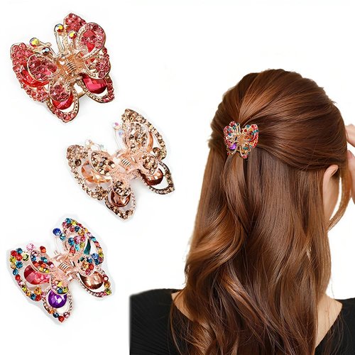 Small Crystal Rhinestone Hair Clips - Mini Sparkly Gold Metal Butterfly Jaw Clamps