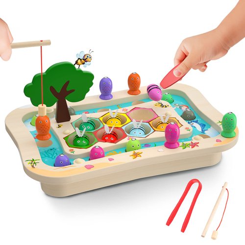 SmileBank Wooden Montessori Toys for 2 3 4 Year Old, Toddler Toys Educational Learning Toys Magnetic Fishing Game Bee Color Sorting Fine Motor Skills Toys Gifts for 2 3 4 Year Old Boys Girls