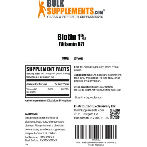 BULKSUPPLEMENTS.COM Biotin 10000mcg Powder - Biotin Powder, Biotin Supplement, Biotin Vitamins for Hair Skin and Nails - Gluten Free, 1000mg per Serving (10mg Biotin), 100g (3.5 oz)