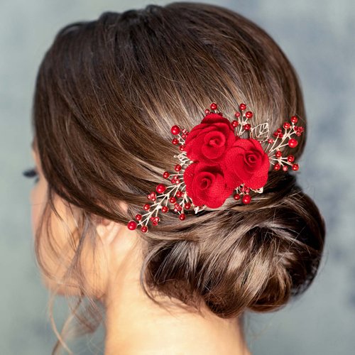 PAGOW Rose Flower Comb 6.1inch Red Hair Clip Bridal Girl Women Accessories Bride Headpiece Gift for Wedding Party Prom Chrismas Valentine's Day Long Thick Haiir