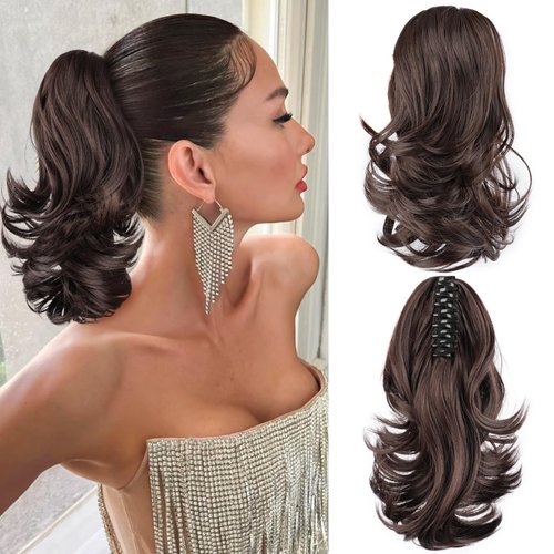FREEMEIGE Ponytail Extension, 12 Inch Clip in Claw Hair Ponytail Extensions Claw Clip Pony tails Hair Extensions for Women Wavy Synthetic Hair Ponytail Extension for Daily Use(Chestnut Brown)
