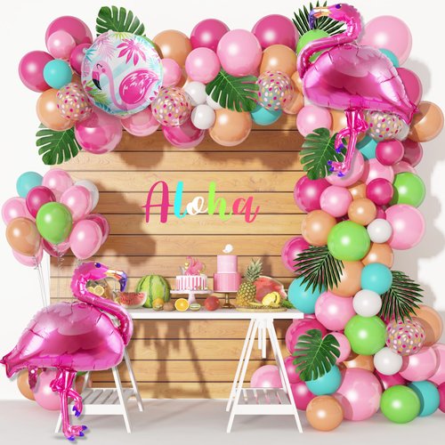 137Pcs Tropical Balloon Arch Garland Kit, Flamingo Luau Balloons of Hot Pink Rose Gold Fruit Green Blue & Palm Leaves for Tropical Party Decorations Hawaiian Aloha Birthday Wedding Decor