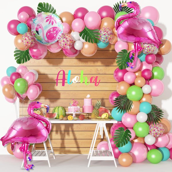 137Pcs Tropical Balloon Arch Garland Kit, Flamingo Luau Balloons of Hot Pink Rose Gold Fruit Green Blue & Palm Leaves for Tropical Party Decorations Hawaiian Aloha Birthday Wedding Decor