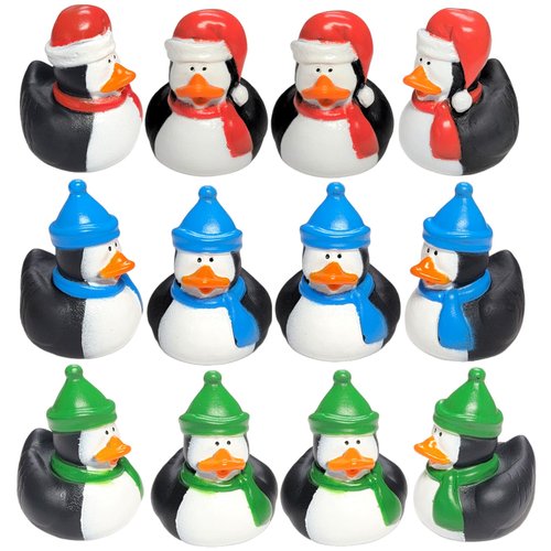 Cool Winter Antarctica Penguin in Santa Hat Rubber Ducks (2") Standard Size. (12 Pack) Cute Duck Bath Tub Pool Toys. (Penguin Rubber Duckies)