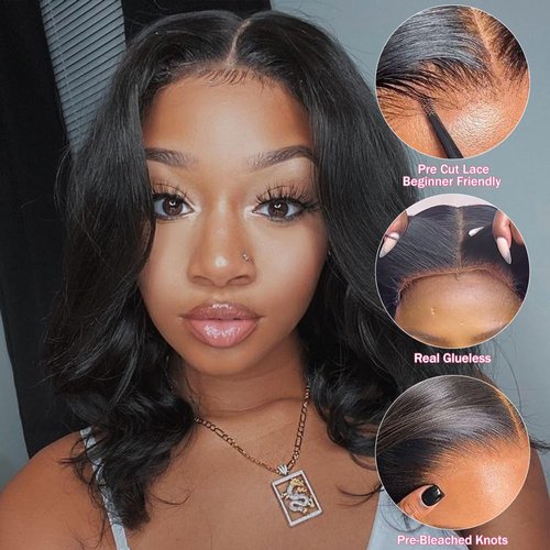 Teencool Glueless Wigs Human Hair Pre Plucked Pre Cut 5x5 HD Lace Closure Wigs Human Hair Bob Upgraded No Glue Body Wave Lace Front Wigs Human Hair for Black Women 200 Density(12 Inches)