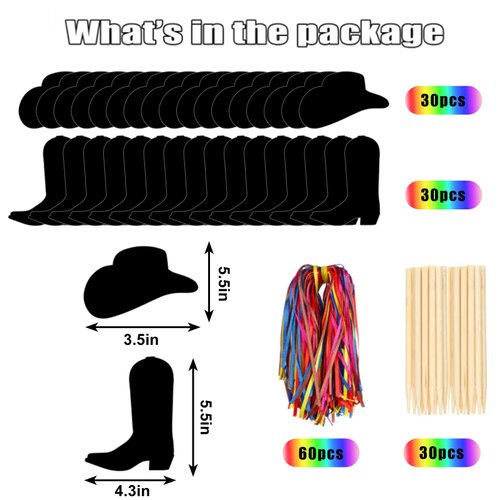 JarThenaAMCS 60Pcs Western Cowboy Scratch Paper Craft Kits Cowboy Hat Boot Scratch Cards Ornaments with Ribbon & Wood Styluses for Party DIY Crafts Painting Supplies