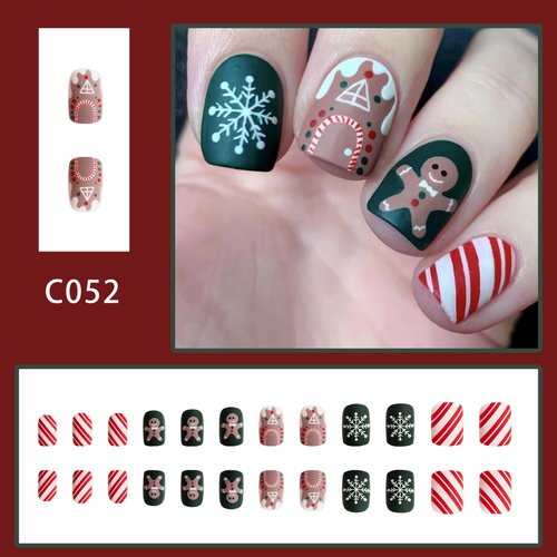 Christmas Press on Nails Short Square Fake Nails with Snowflake Gingerbread Man Designs Matte False Nails Red Green Christmas Nails Cute Acrylic Nails Full Cover Glue on Nails 24 Pcs
