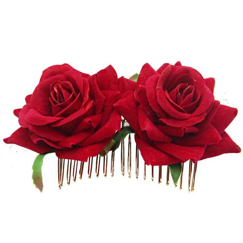 AKOAK 1 Pack Double Rose Hair Comb, Bride Hair Comb Women's Wedding Hair Accessories Bride Flamenco Dancer Hairstyle Girl Halloween Cosplay Party(Red)