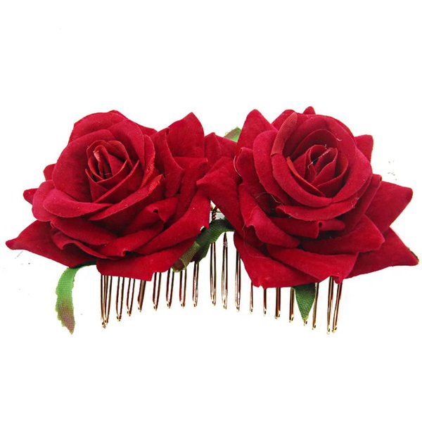 AKOAK 1 Pack Double Rose Hair Comb, Bride Hair Comb Women's Wedding Hair Accessories Bride Flamenco Dancer Hairstyle Girl Halloween Cosplay Party(Red)