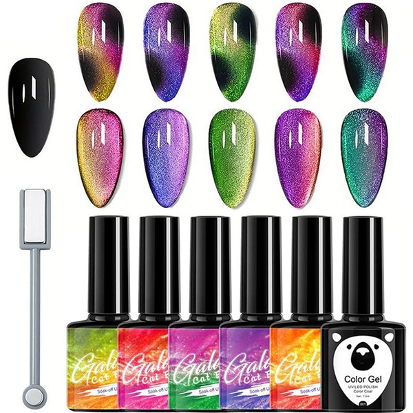 6Pcs Cateye Gel Nail Polish Set for Women, Glitter Refletive Cat Eye and Black Nail Polish Kit, Magnetic Gel Polish Set with Dual-Ended Magnet, Rainbow Nail Polish for Girls, Green, Pink, Purple, Blue