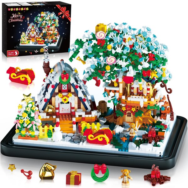 HOGOKIDS Christmas Gingerbread House Building Sets with LED Lights - 2024 Christmas House Micro Buliding Blocks, Christmas Tree House Home Office Decor Display, Xmas Gift for Boy Girl Adult (2055pcs)