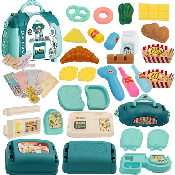 Shape28 Store Bag Pretend Play Store Toddler Toys 62 PCS Shopping Cart for Kids with Play Kitchen Prop Money Pantry Storage Cash Register and Pretend Food