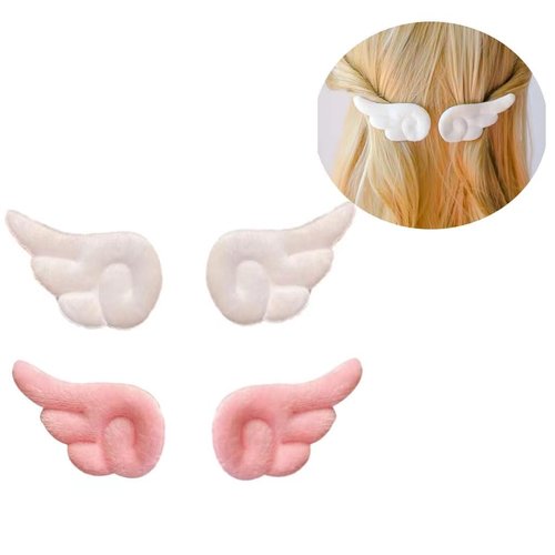 Rosojodg 2 Pairs White and Pink Cute Angel wings Hair Clips, Non Slip Hair Barrettes, Plush Barrettes, Hair cosplay accessories, kawaii Accessories for Halloween, Christmas, Daily Wear