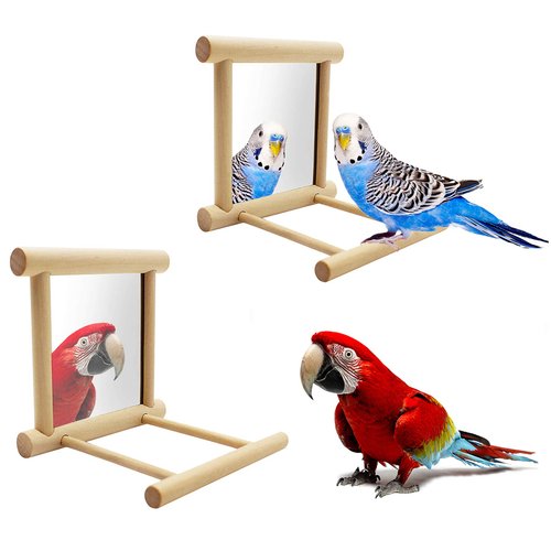 Blessed Family 2 Piece Bird Parakeet Mirror for Cage,Parrot Perch Stand,Wooden Hummingbird Swing Toy,Parakeet Accessories for Cockatiels Conure Finch Lovebird Canary African Grey Macaw