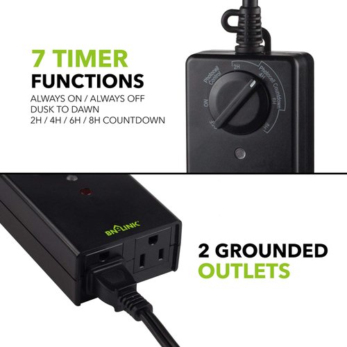 BN-LINK Outdoor 24-Hour Timer with Photocell Light Sensor, Water Resistant Photoelectric Countdown Timer(2, 4, 6 or 8 Hours Mode), Weatherproof, Two (2) Grounded Outlets for Home and Garden, Black