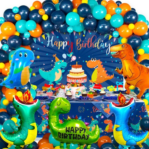 HJINGY 140 PCS Dinosaur Birthday Party Decorations, Blue Dinosaur Party Decorations for Boys Includes Dinosaur Balloons, Customized Backdrop, Tablecloth for Dinosaur Baby Shower Decorations
