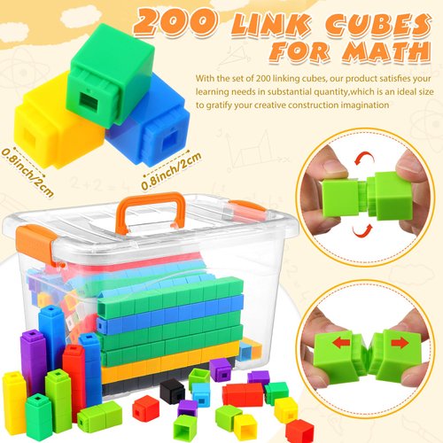 Jenaai 200 Pcs Math Cubes with Storage Container Counting Blocks Linking Cubes Connecting Cubes Math Manipulatives Educational Toy for Kids Age 4-8 Kindergarten STEM Activities Preschool(Orange)