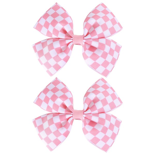 Racing Checkered Flag Hair Bow Clips 4'' Pink White Buffalo Plaid Printed Grosgrain Ribbon Pigtail Bowknot Barrettes Alligator Hairpins for Girls Women Race Fans Birthday Gift
