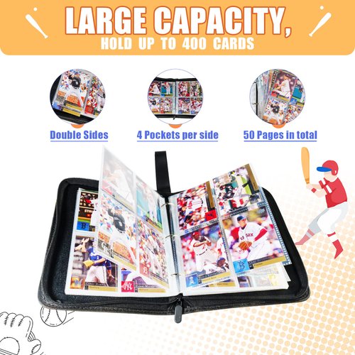 Card Binder 400 Pockets, Trading Card Binder with Sleeves, Baseball Card Binder, Trading Card Albums Sports Card Binder Collectible Fits 400 Cards with 50 Removable Sleeves
