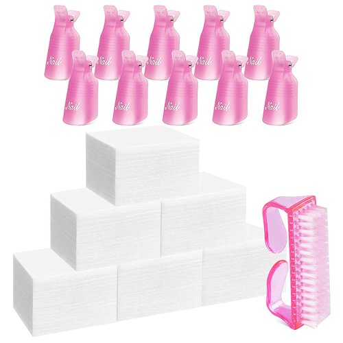 Gel Nail Polish Remover Clip Set, TsMADDTs Pink Finger Nail Clips for Polish Removal UV Gel Acrylic, Nail Soak Off Caps with 600Pcs Cotton Lint-free Nail Wipes, Nail Brush