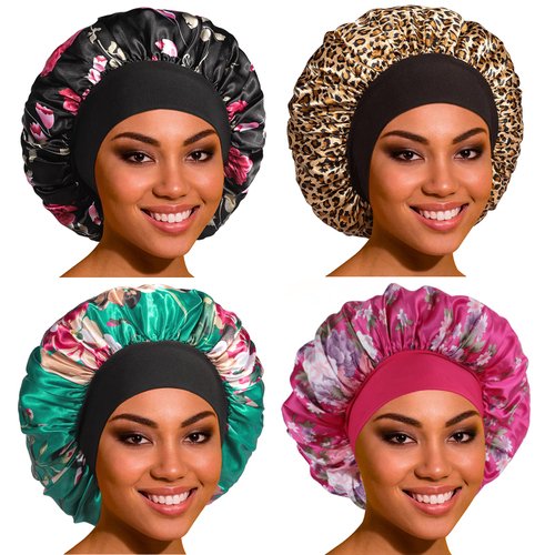 Satin Bonnet Silk Bonnet Hair Bonnet for Sleeping- 4 Pack Bonnets for Black Women with Wide Elastic Band for Curly Hair