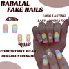 BABALAL Rainbow Press on Nails Medium Square Fake Nails Blue French Tip Glue on Nails 24Pcs Squoval Acrylic Nails Heart Love Cute Valentines Day Stick on Nails for Women and Girls