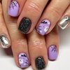Halloween Press on Nails Short Square Fake Nails Purple False Nails with Bat Spider Web Ghost Designs Halloween Nails Full Cover Acrylic Nails Glitter Glue on Nails Stick on Nails for Women 24 Pcs