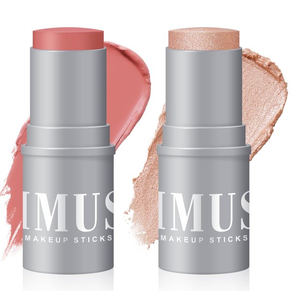 KIMUSE Highlighter Makeup Stick Duo-Cream Blush Stick & Highlighter Trimming Stick-Creamy & Pigmented, Long Lasting & Vegan Face Make Up Sticks