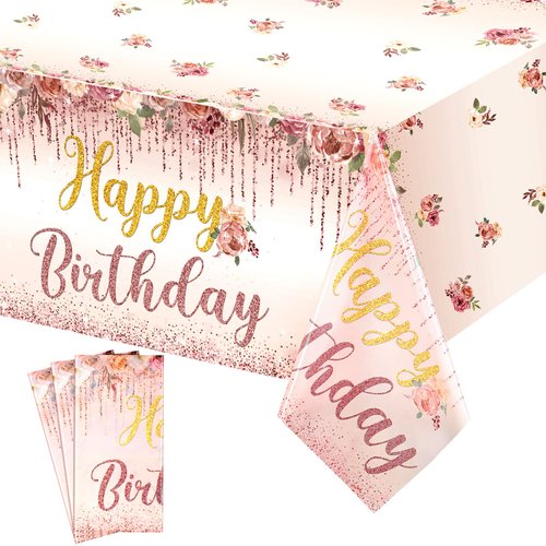 Tiamon 3 Pcs Happy Birthday Tablecloth Floral Birthday Table Cover Rose Gold Birthday Party Tablecloths Pink Disposable Plastic Tablecloths Birthday Decor for Girls Kids Baby Shower Party Supplies