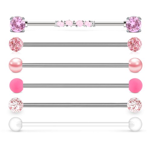 JFORYOU 14G Industrial Ball Piercing Jewelry Surgical Steel with 6 Style Ball CZ Cartilage Helix Piercing Body Jewelry for Women Men 1 1/2Inch(38mm)