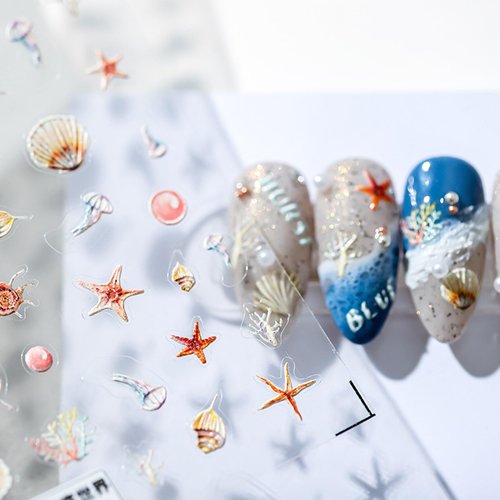 Summer Ocean Shell Nail Art Stickers Decals 5D Embossed Seashell Starfish Nail Stickers Summer Ocean Seahorse Nail Art Decorations Supplies Ocean Theme Nail Adhesive Sliders for Women and Girls