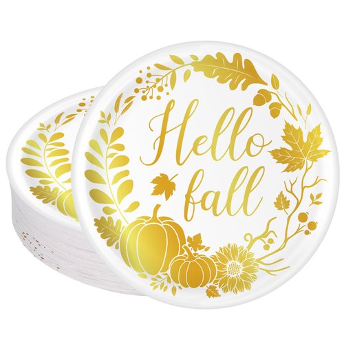 Whaline 40Pcs 9 Inch Hello Fall Paper Plates Autumn Pumpkin Wreath Disposable Paper Plates White Gold Thanksgiving Party Supplies for Thanksgiving Fall Party Holiday Dinner Tableware Supplies