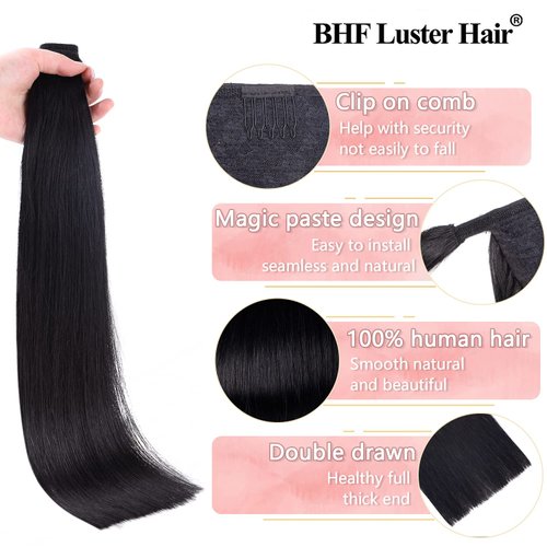 18"Human Hair Ponytail Wrap Around Clip in Ponytail Hair Extensions for Women Off Black(#1B) 100g/3.5oz
