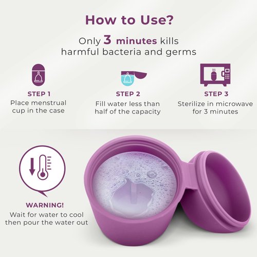 EcoBlossom Menstrual Cup Case and Sterilizer - Reusable Silicone Sterilizing Holder - Cleaner Period for You and Your Disc or Cup - Portable Cleaning Container & Microwave Steamer (Purple)