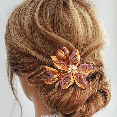 Casdre Flower Bridal Hair Clip Gold Purple Pearl Bride Wedding Hair Piece Evening Party Prom Hair...