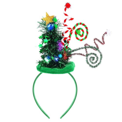 REETAN Light up Christmas Tree Headband Sparkly Elf Hair Band LED Xmas Party Headpiece Accessory for Women and Girls(Green)