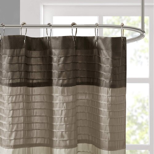 Madison Park Amherst Bathroom Shower Curtain Faux Silk Pieced Striped Modern Microfiber Bath Curtains, 72x72 Inches, Natural