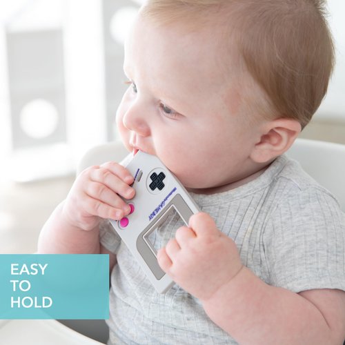 Bumkins Baby Teething Freezer Toy Keys Rings, Soft Flexible Silicone Pacifier, Safe to Chew, Cool Teether Gum Relief, Essentials for Babies 3 Months, Freezable, Sensory Textured, Nintendo Gameboy