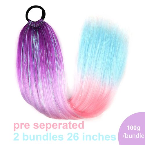 Ponytail Extension With Hair Tie 26 inch Festival Colored Hair Extensions Ponytail Colorful Tinsel Mixed Crazy Hair Day Ombre Ponytail Hair Extensions for Rave Braids 2 Packs